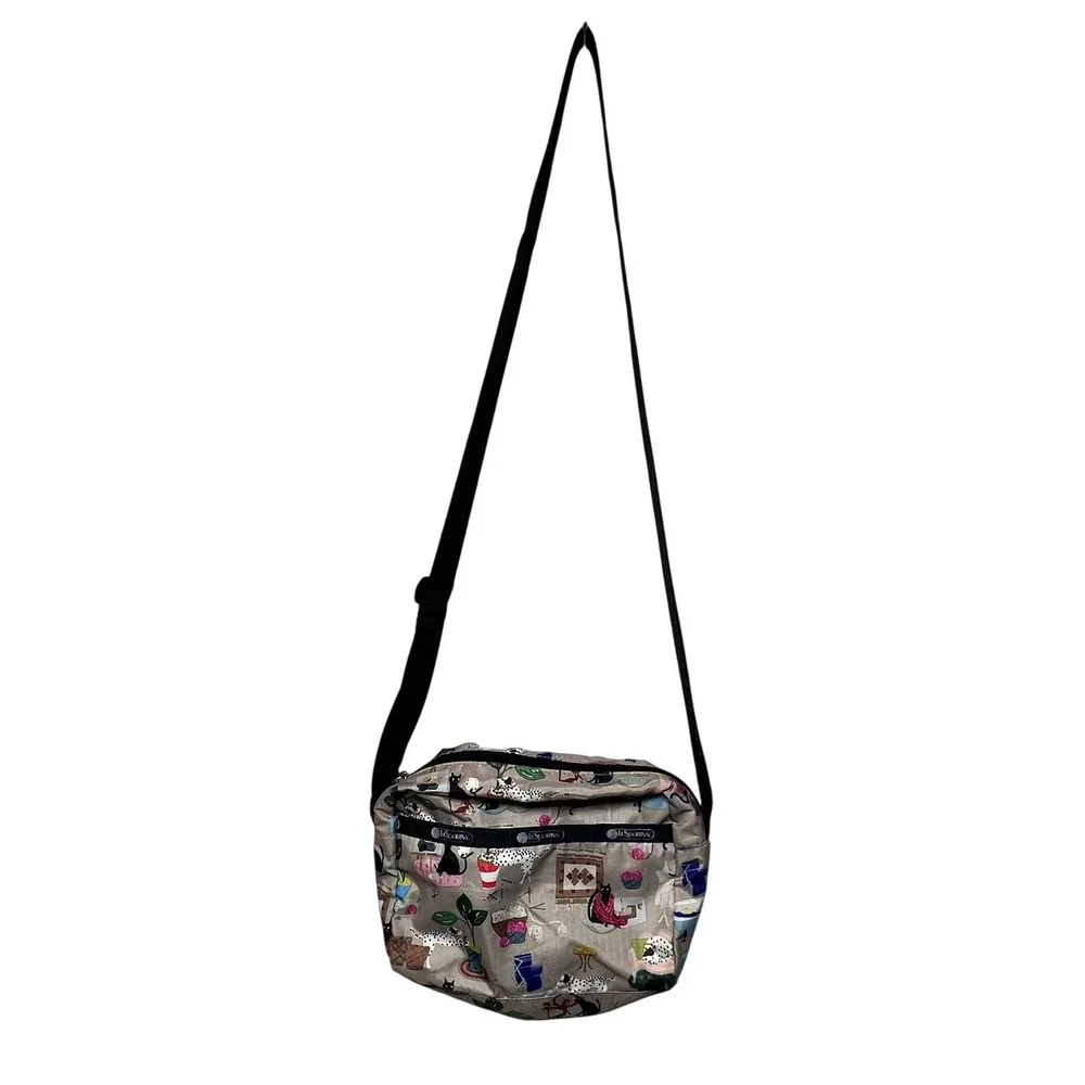 LeSportsac Womens Crossbody Bag Cat Dog Novelty Print Small Tan Nylon Messenger